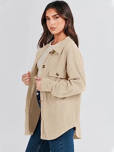 ANRABESS Womens Corduroy Shacket Button Down Shirts Oversized Long Sleeve Casual Cardigan Jacket 2024 Fall Fashion Clothes Green Medium