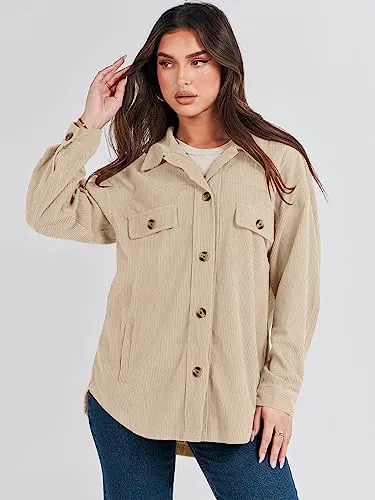 ANRABESS Womens Corduroy Shacket Button Down Shirts Oversized Long Sleeve Casual Cardigan Jacket 2024 Fall Fashion Clothes Green Medium