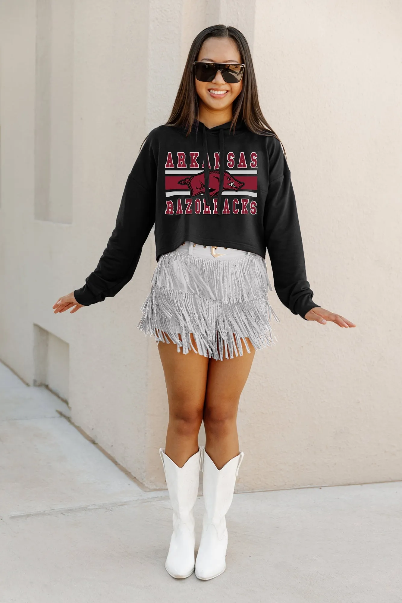 ARKANSAS RAZORBACKS WAITING GAME RAW HEM CROPPED FLEECE HOODIE BY MADI PREWETT TROUTT