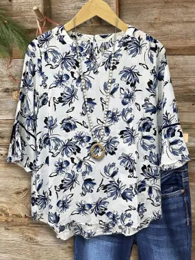 Artistic Blue And White Floral Ruffled Blouse