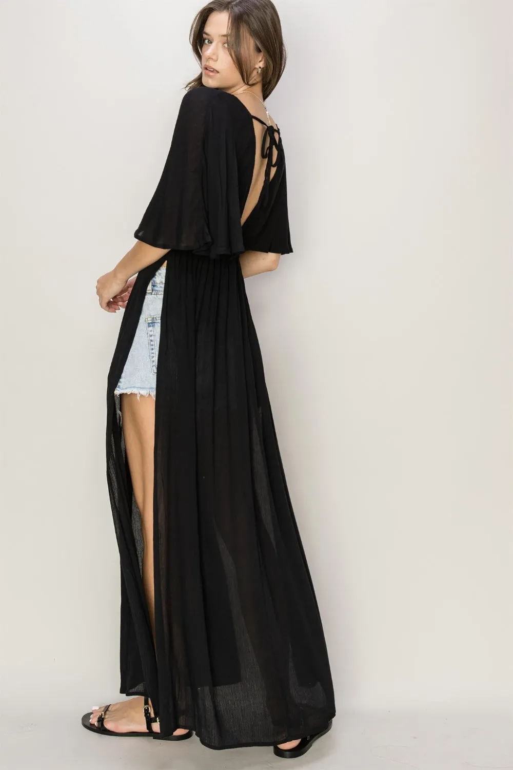 Black Tie Back Maxi Split Cover Up Dress