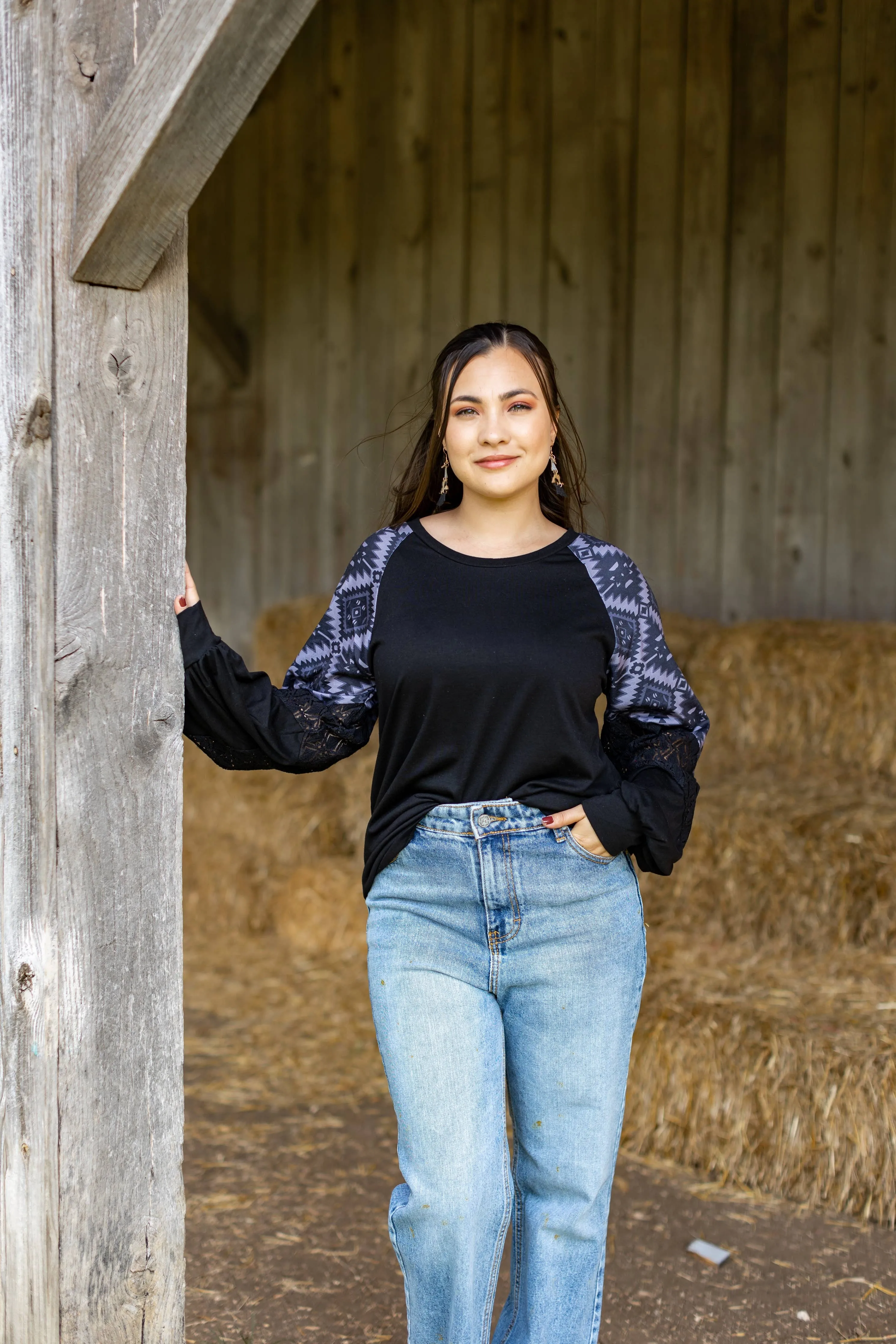 Black Top with Aztec Lace Puff Sleeve