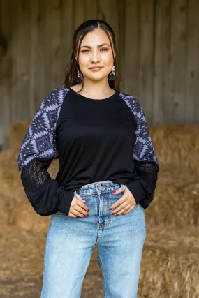 Black Top with Aztec Lace Puff Sleeve