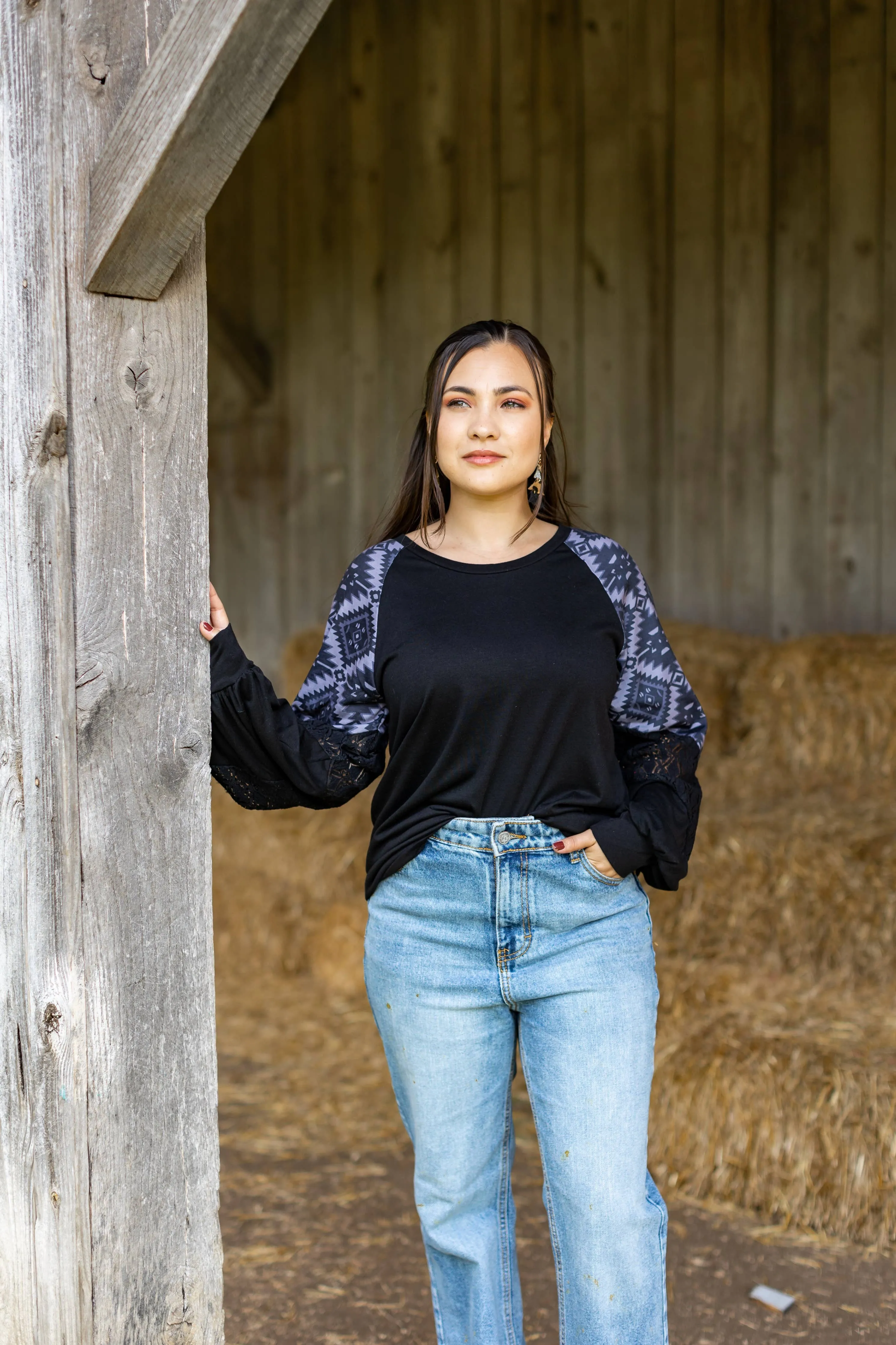 Black Top with Aztec Lace Puff Sleeve