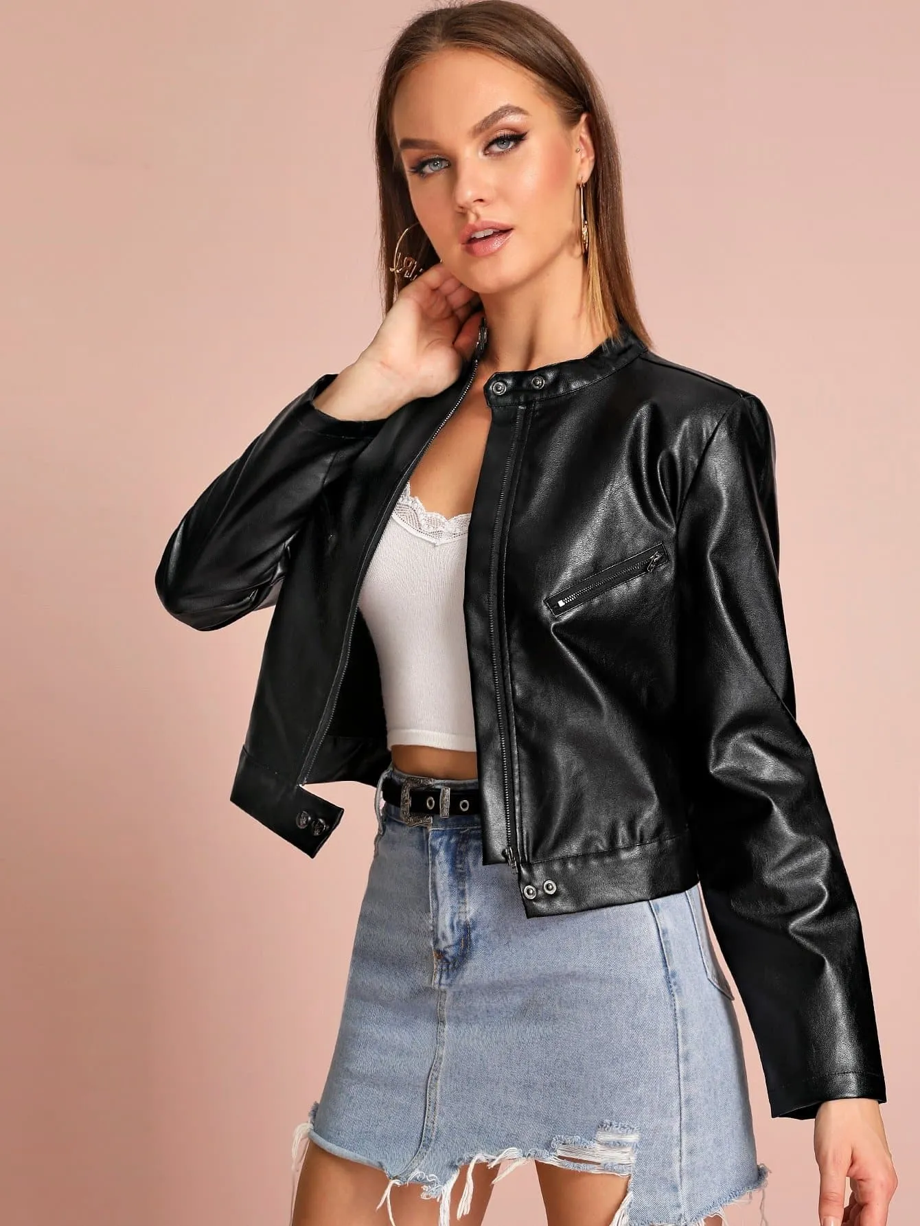 Black Buttoned Stand Collar PU Leather Zip Up Biker Jacket