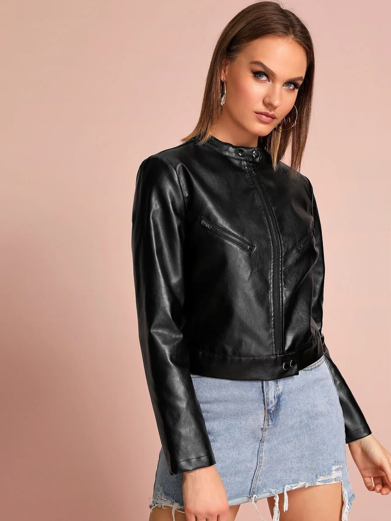 Black Buttoned Stand Collar PU Leather Zip Up Biker Jacket