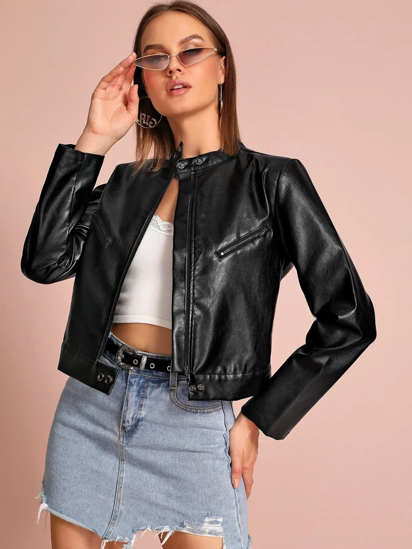 Black Buttoned Stand Collar PU Leather Zip Up Biker Jacket