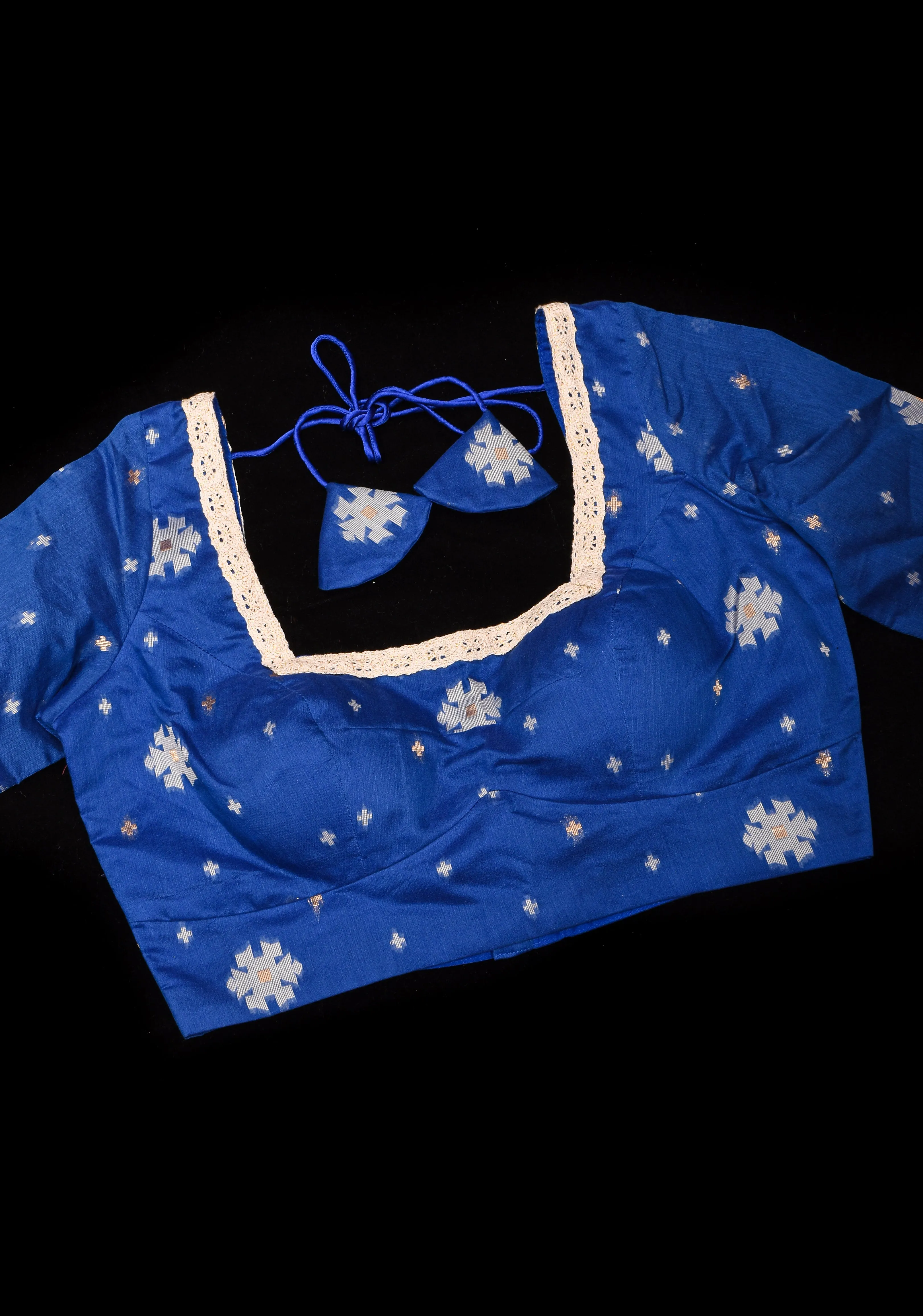 Blue Jamdani Style Cotton Blouse With Square Neck Lace Detailing