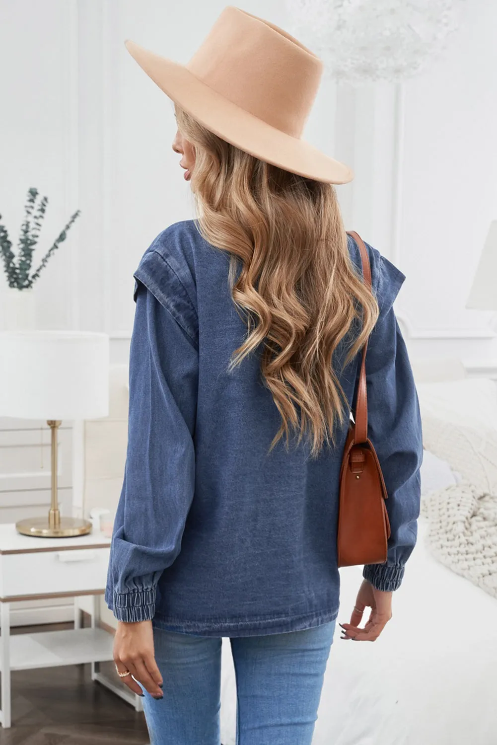 Blue Solid Color Elastic Cuffs Buttoned Denim Jacket