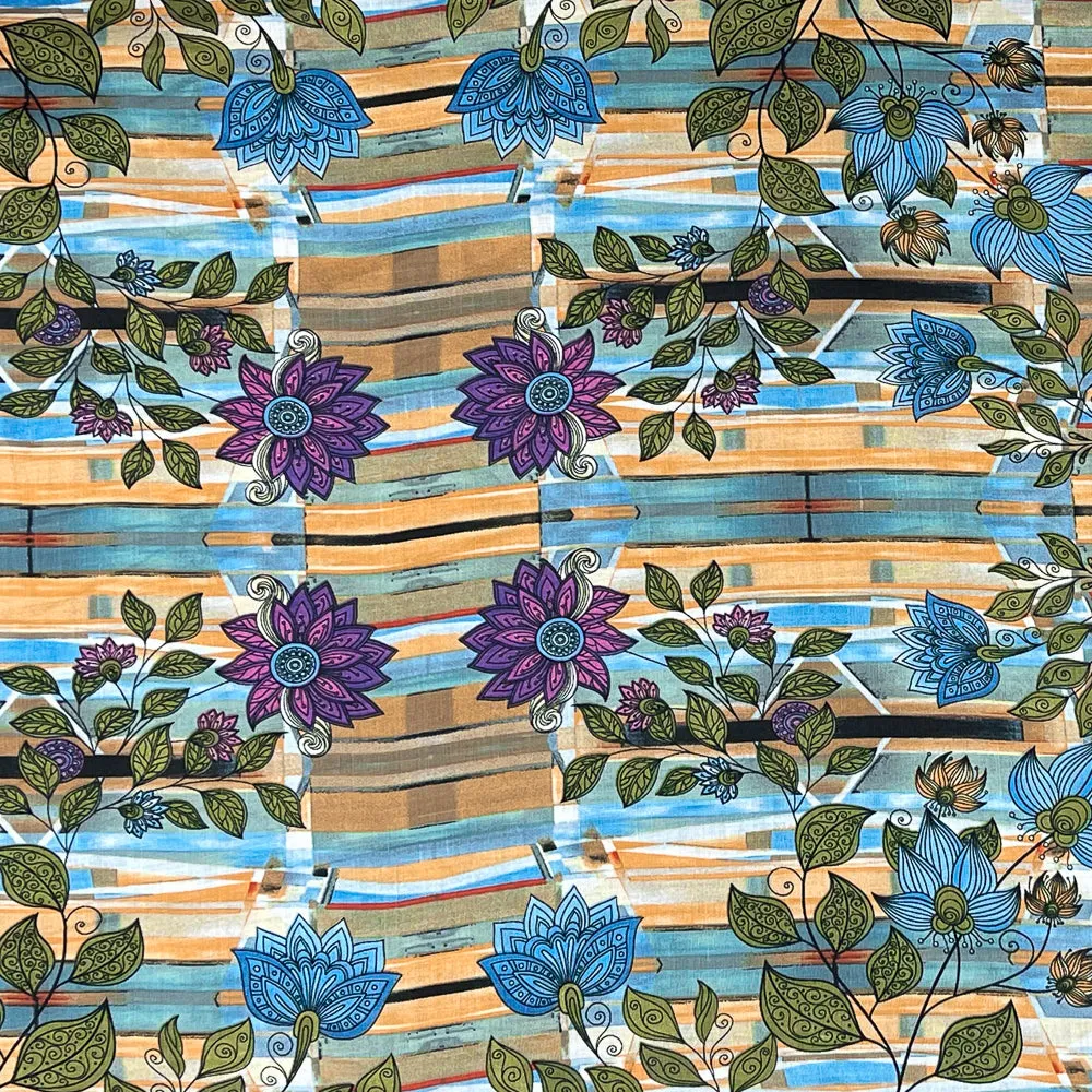 Blue-Yellow-Multi Floral Stripe Printed Linen Woven Fabric