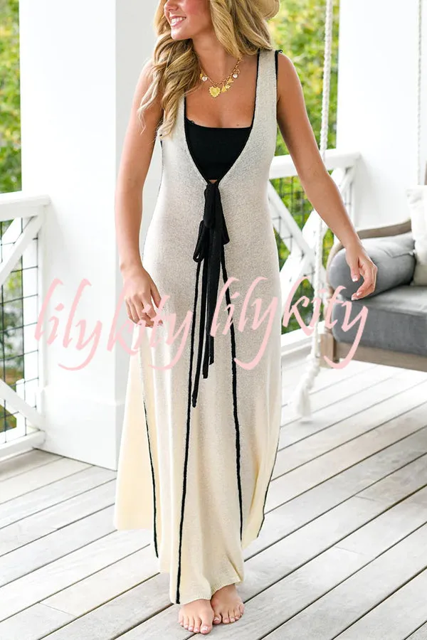 Boat Date Knit Contrast Self Tie Flowy Oversized Maxi Dress