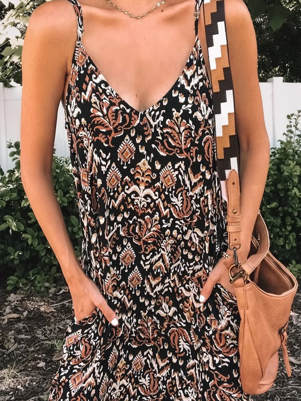 Bohemian Black Floral Print Maxi Dress with V Neck and Spaghetti Straps