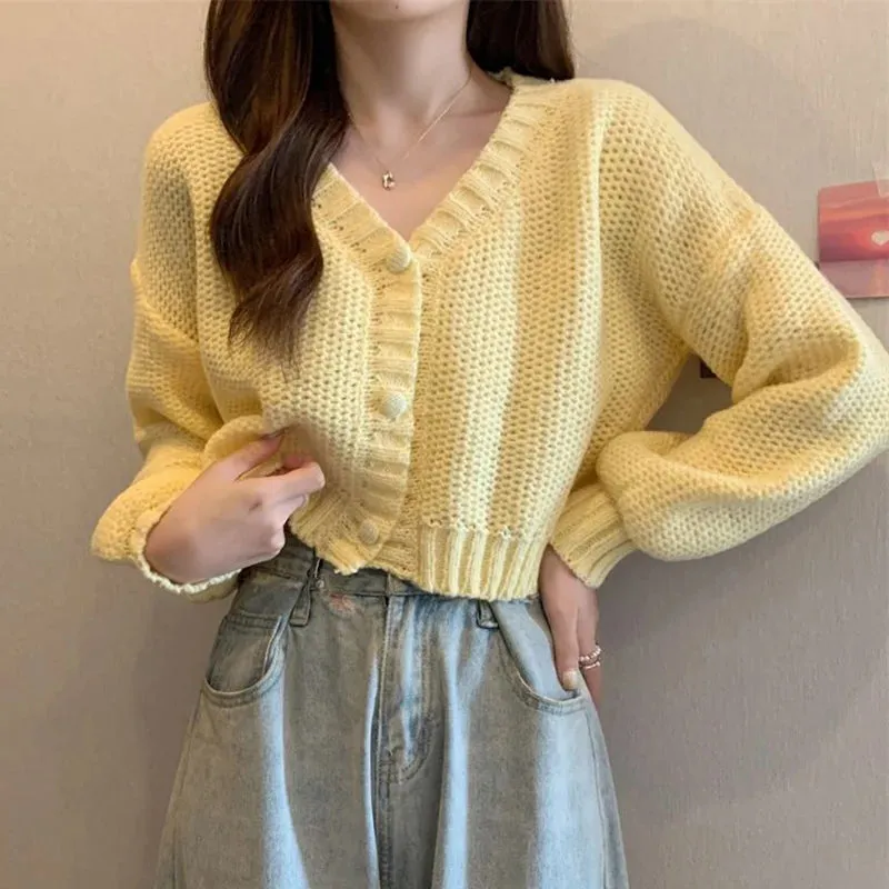 Bonnyshow  Y2K Knitted Cropped Cardigan Sweater Women Korean Short Long Sleeve Crop Tops Woman Solid Color V Neck Cardigans Female