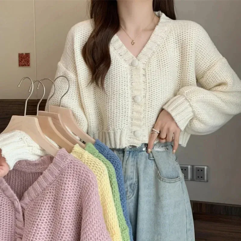 Bonnyshow  Y2K Knitted Cropped Cardigan Sweater Women Korean Short Long Sleeve Crop Tops Woman Solid Color V Neck Cardigans Female