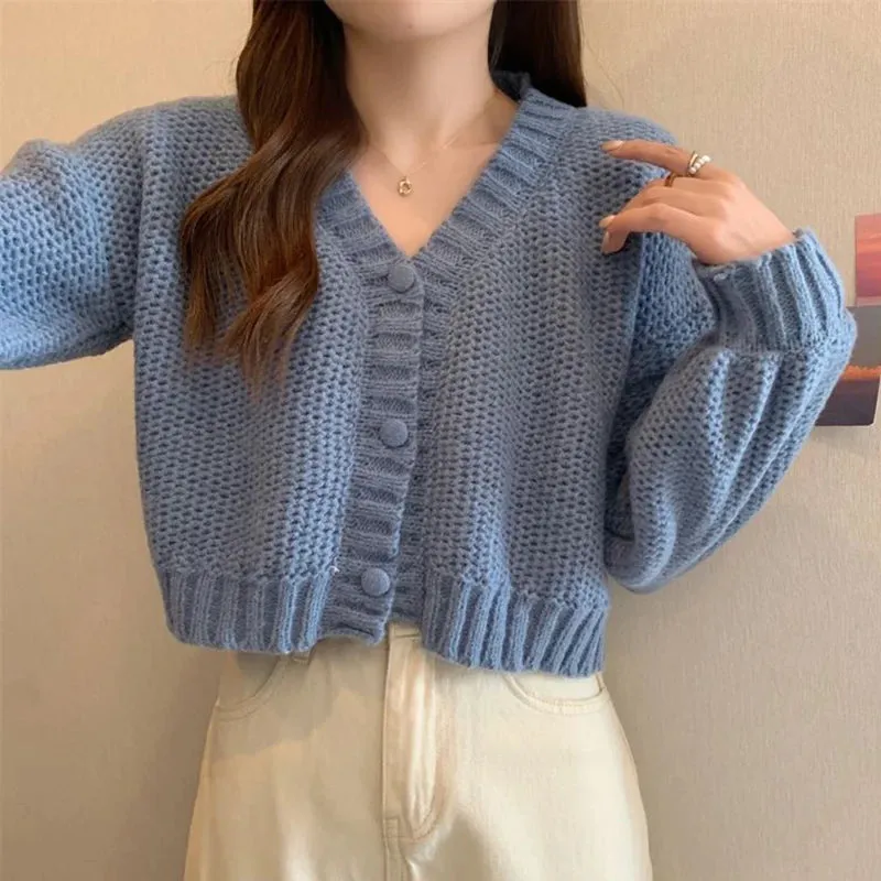 Bonnyshow  Y2K Knitted Cropped Cardigan Sweater Women Korean Short Long Sleeve Crop Tops Woman Solid Color V Neck Cardigans Female