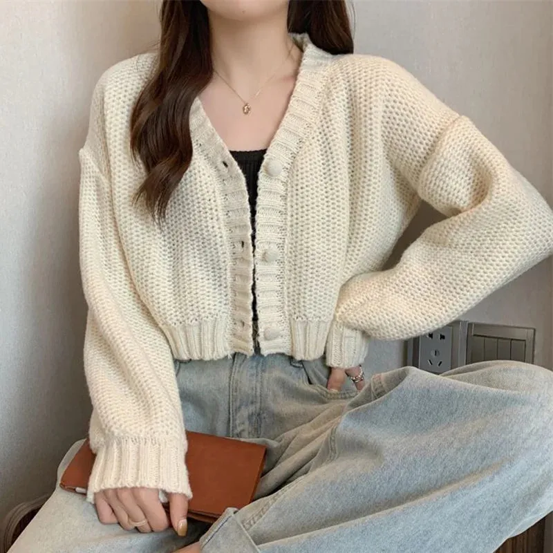 Bonnyshow  Y2K Knitted Cropped Cardigan Sweater Women Korean Short Long Sleeve Crop Tops Woman Solid Color V Neck Cardigans Female