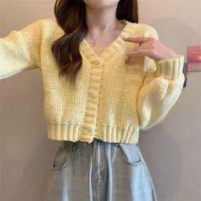 Bonnyshow  Y2K Knitted Cropped Cardigan Sweater Women Korean Short Long Sleeve Crop Tops Woman Solid Color V Neck Cardigans Female