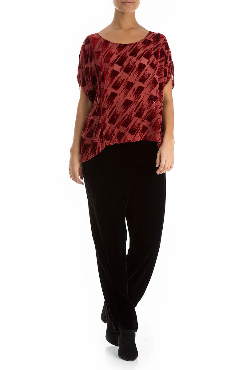 Boxy Devoré Rose Red Silk Velvet Blouse