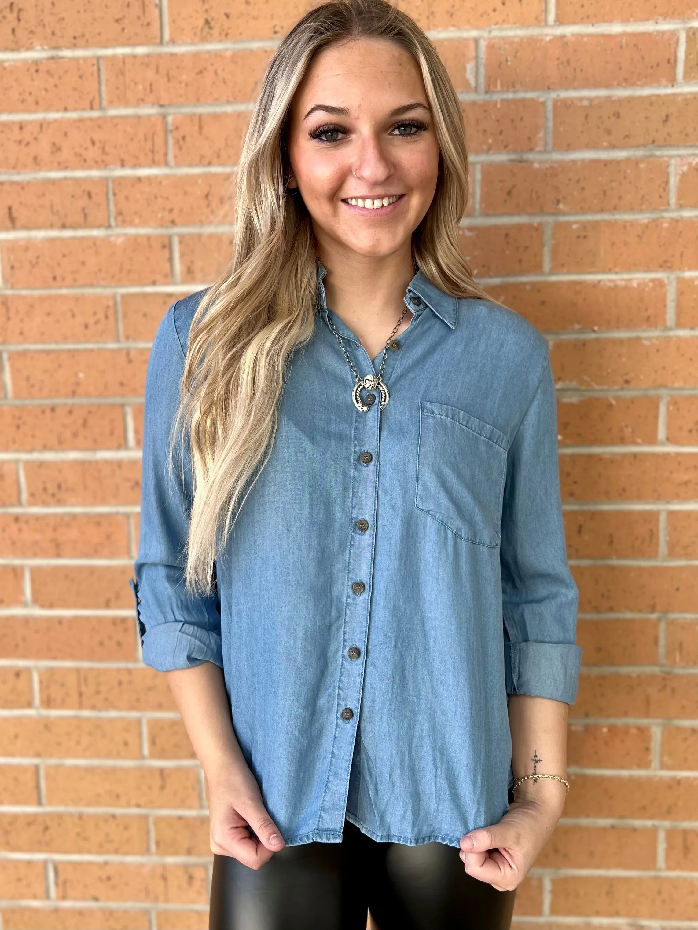 Chambray Rolled Tab Sleeve Top