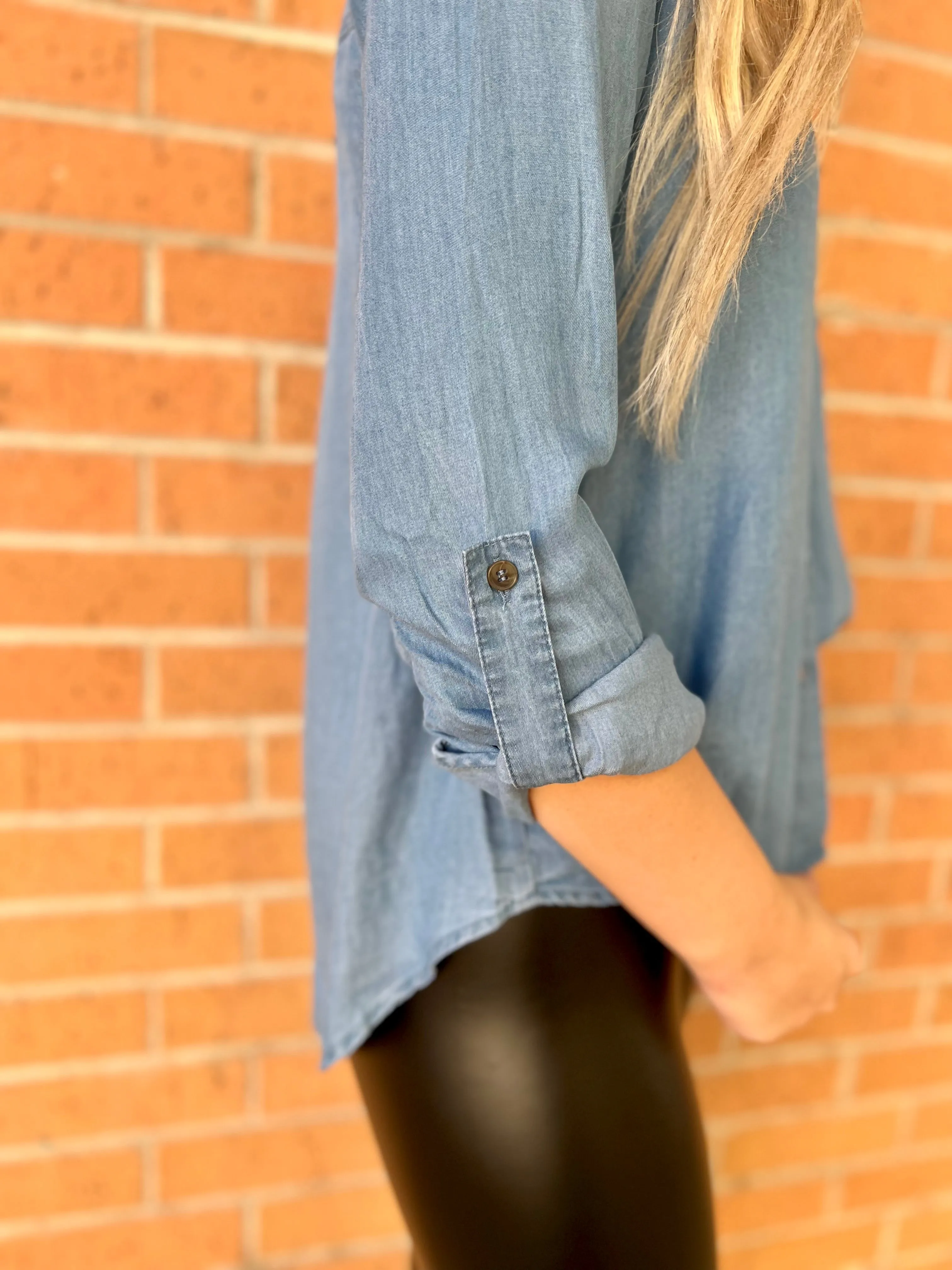 Chambray Rolled Tab Sleeve Top