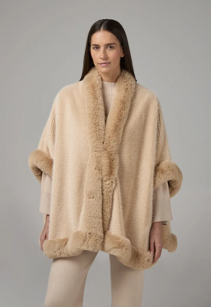 Choice Quilted Faux Fur Poncho Beige