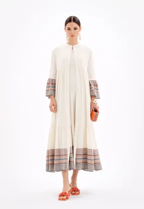 Choice Sleeved Open Front Abaya With Striped Hems-Ramadan Style Off White