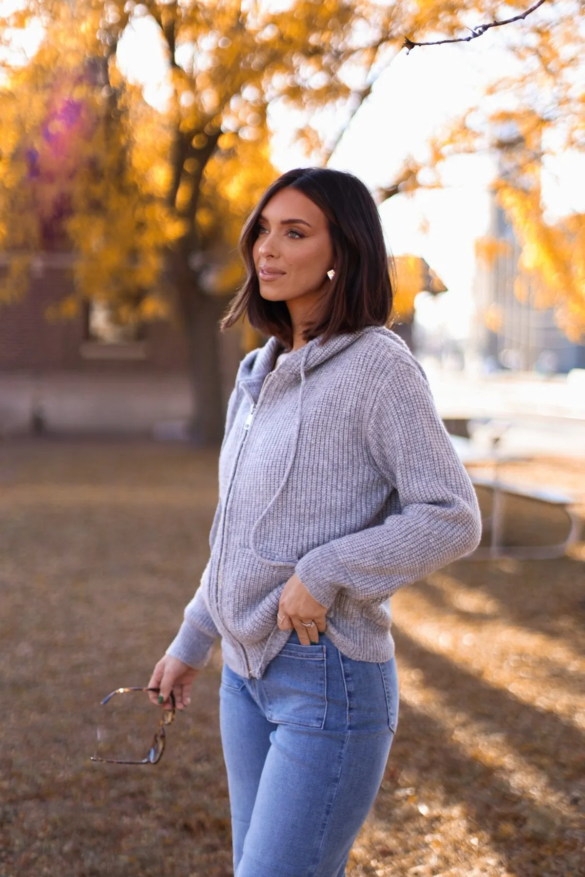 Chunky Heather Grey Zip Up Hooded Sweater