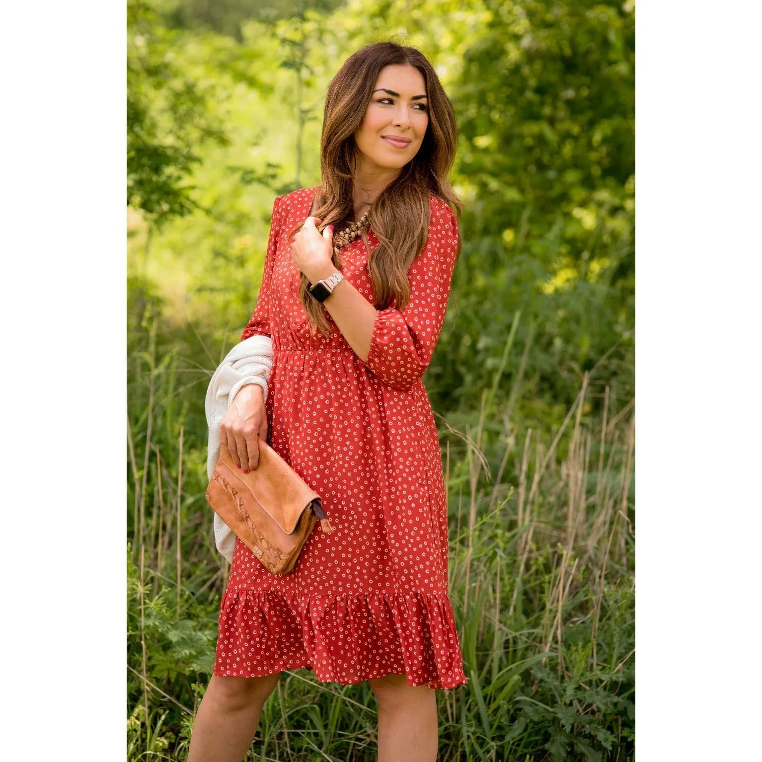 Circle Ruffle Bottom 3/4 Sleeve Dress