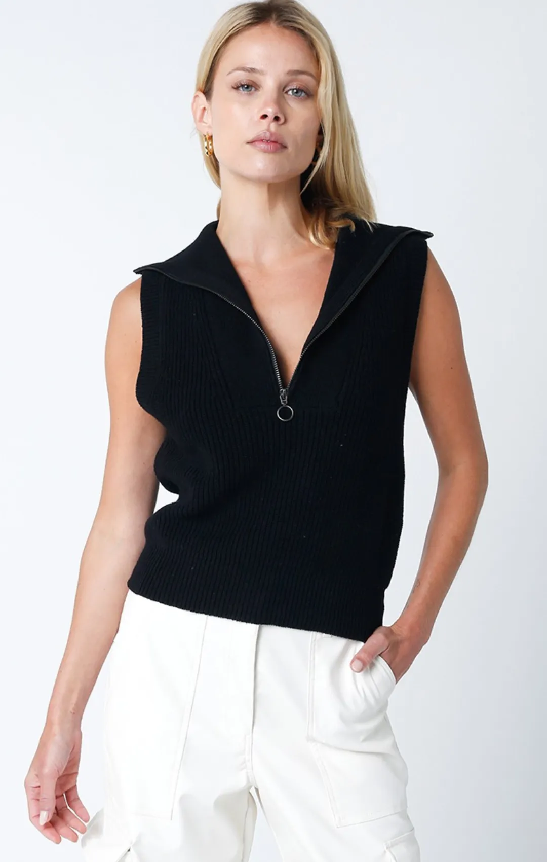 Collared Zip Up Sleeveless Sweater