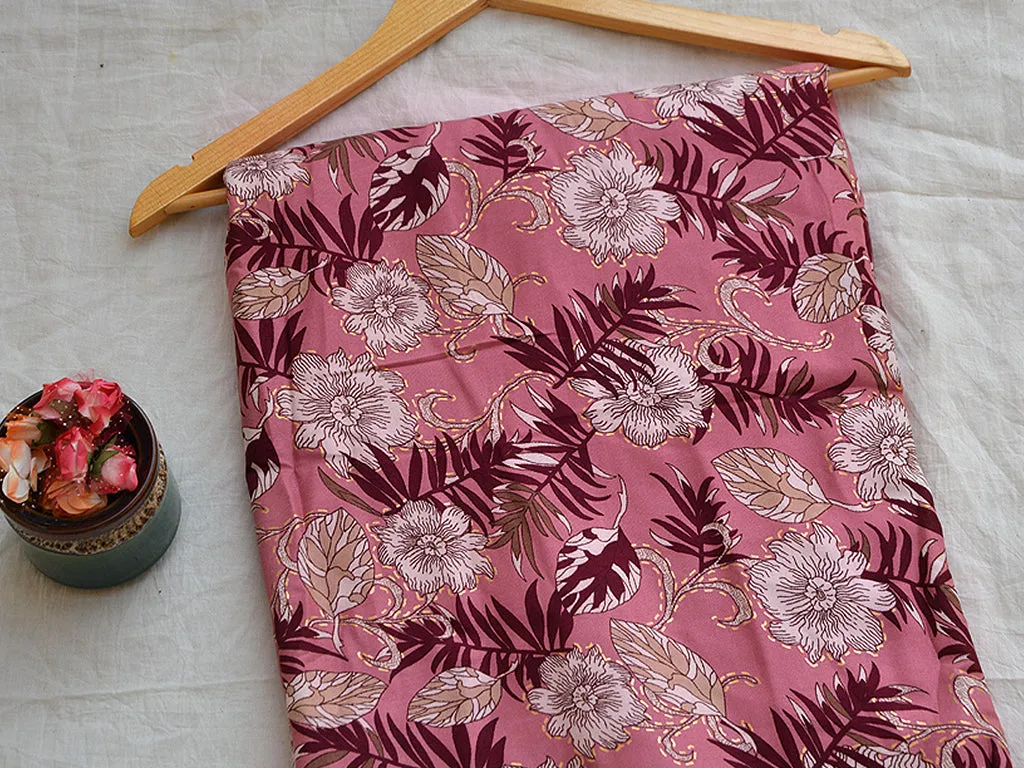 Coral Pink & Brown Floral Digital Print Cotton Rayon Fabric