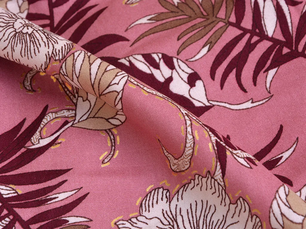 Coral Pink & Brown Floral Digital Print Cotton Rayon Fabric