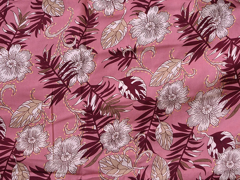 Coral Pink & Brown Floral Digital Print Cotton Rayon Fabric