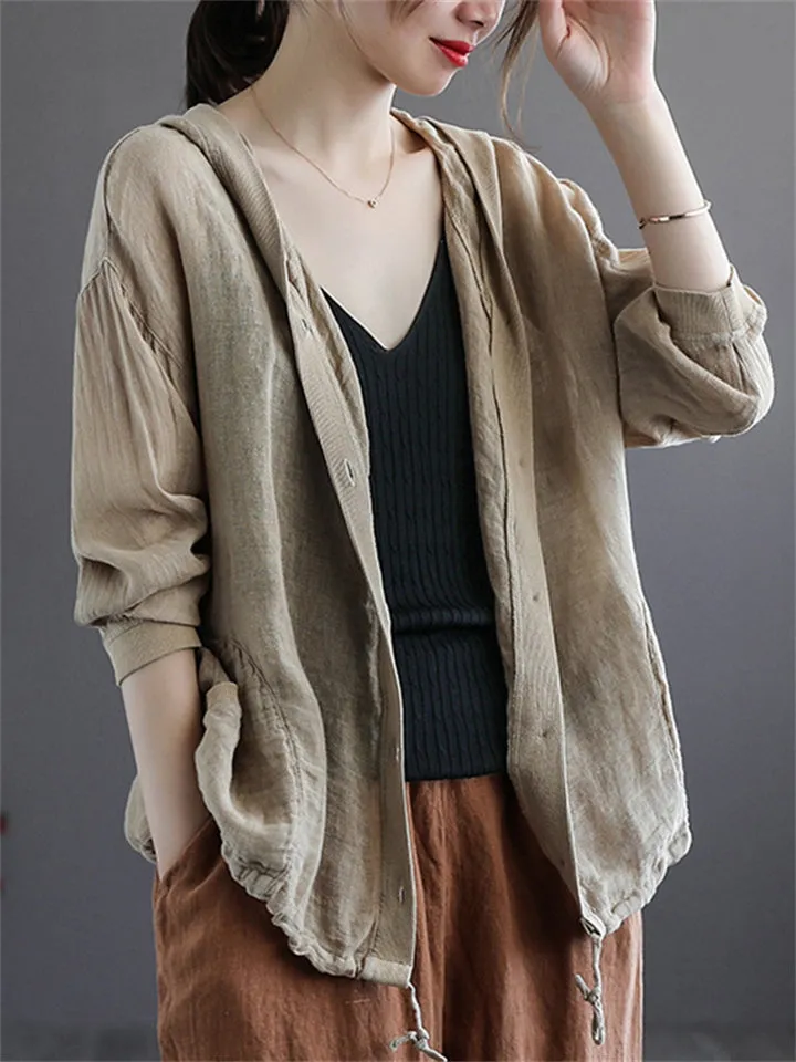 Cotton Linen New Hooded Female Jackets