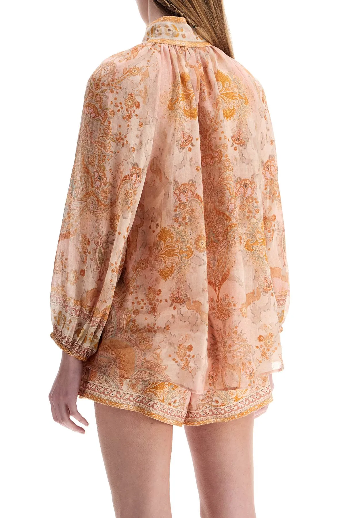 Cream And Pink High Neck Paisley Blouse In Rayon With Long Sleeves