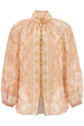 Cream And Pink High Neck Paisley Blouse In Rayon With Long Sleeves