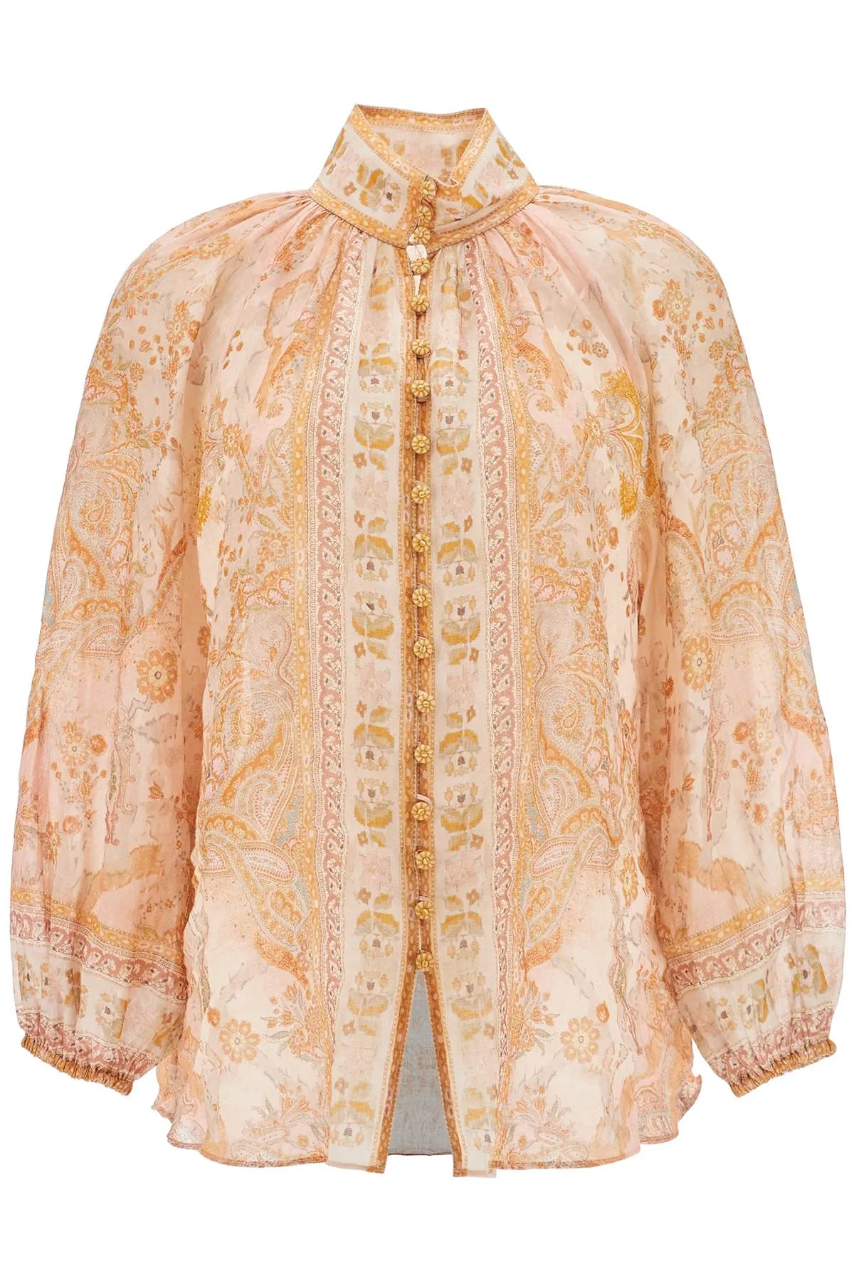 Cream And Pink High Neck Paisley Blouse In Rayon With Long Sleeves