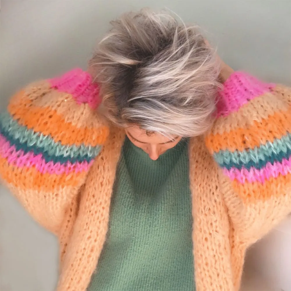 Creme-orange basic chunky mohair cardigan