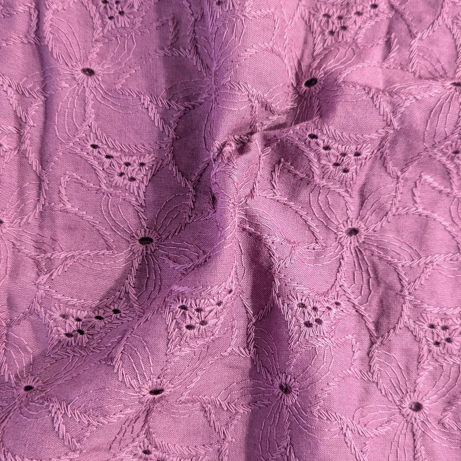 Dark Magenta Floral Hand Dyed Cotton Embroidered Fabric