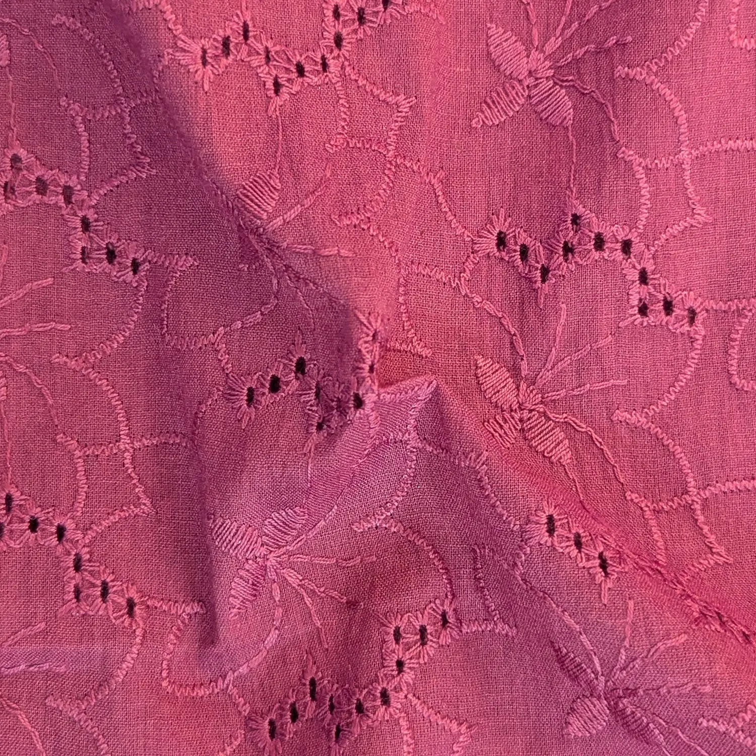 Dark Pink Floral Hand Dyed Cotton Embroidered Fabric