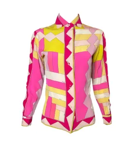 Emilio Pucci Pink & Yellow Silk Geometric Block Button-Up Blouse