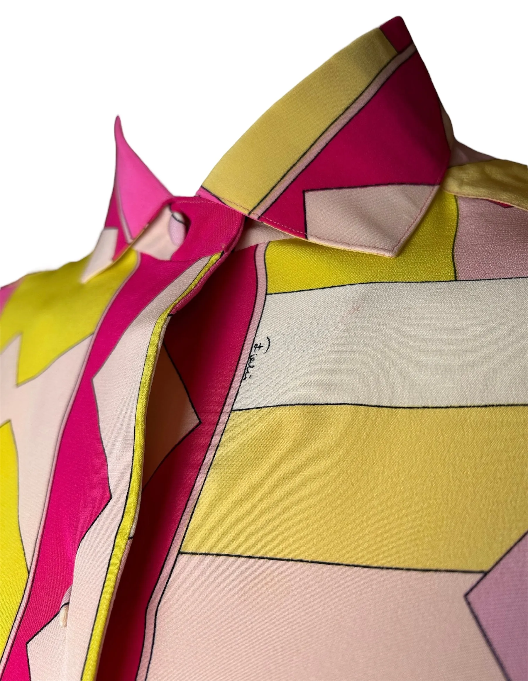 Emilio Pucci Pink & Yellow Silk Geometric Block Button-Up Blouse