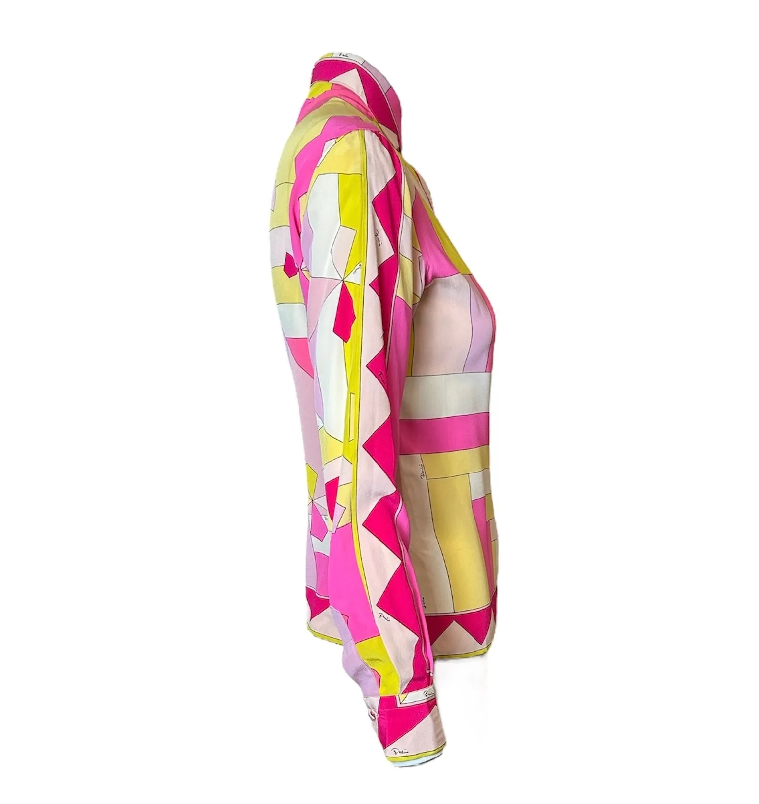 Emilio Pucci Pink & Yellow Silk Geometric Block Button-Up Blouse