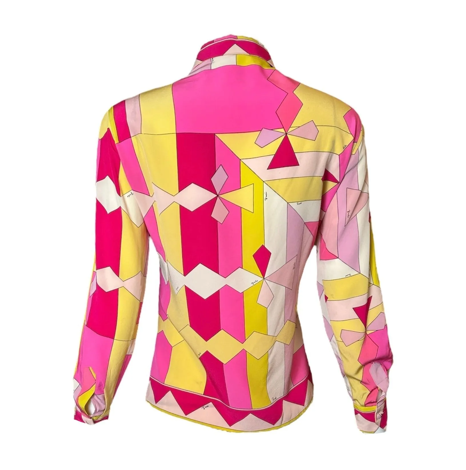 Emilio Pucci Pink & Yellow Silk Geometric Block Button-Up Blouse