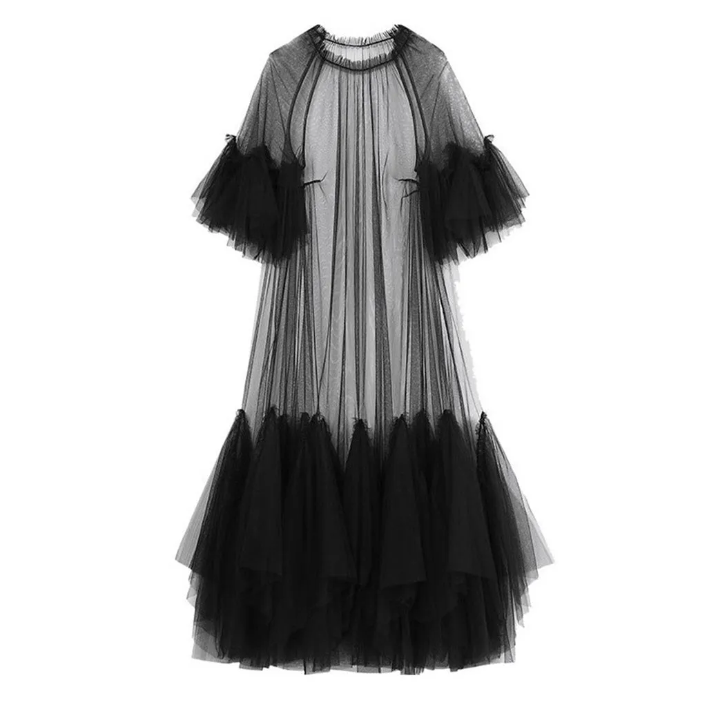 Ethereal Tiered Ruffle Crew Neck Short Sleeve A Line Maxi Sheer Tulle Dress