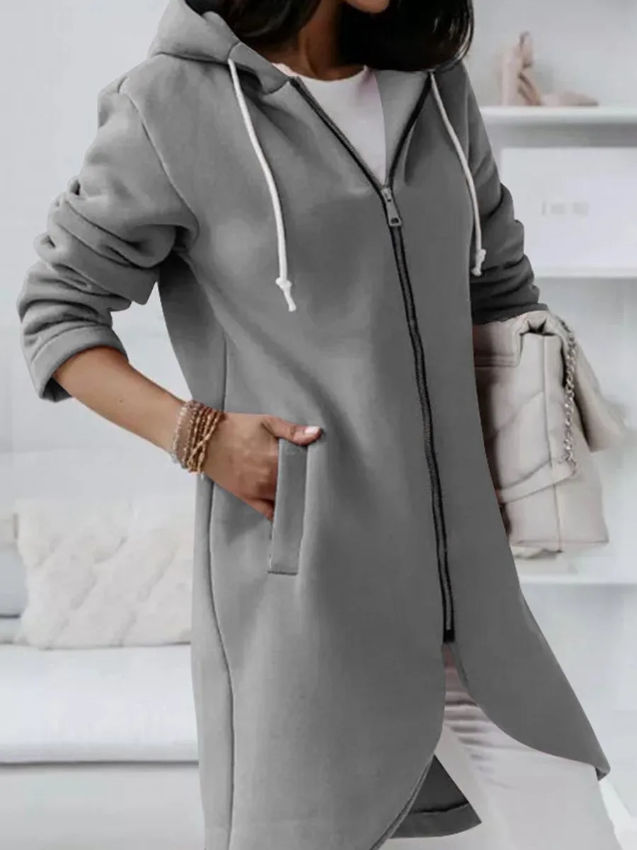 Fashionable Zipper Hooded Long Fleece Sweatshirt