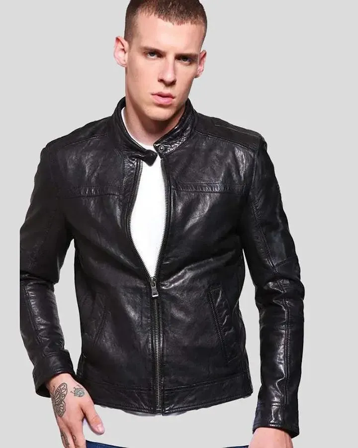 Ferd Black Slim Fit Leather Racer Jacket