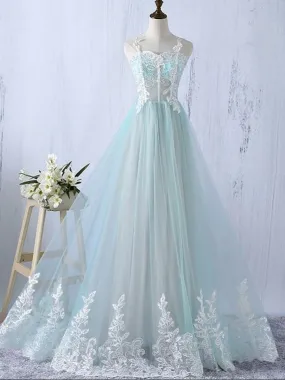 Flowy See Through Ice Blue Tulle Prom Dress Formal Gown