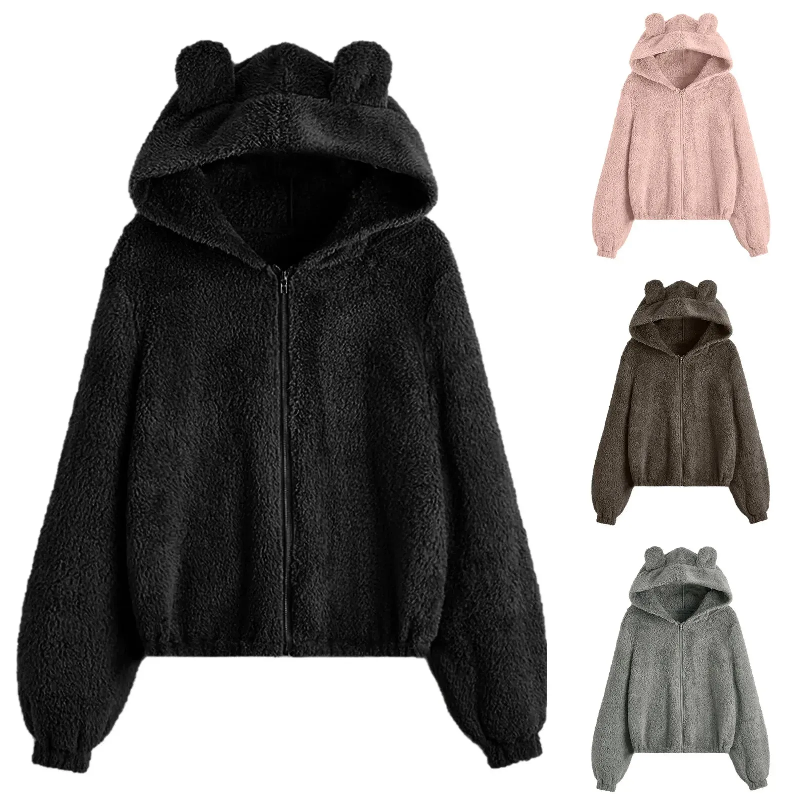 Fluffy Plush Hoodies Women Kawaii Sweatshirt Cute Bear Ear Cap Fall Winter Warm Pullover Long Sleeve Outwear Fleece Coat