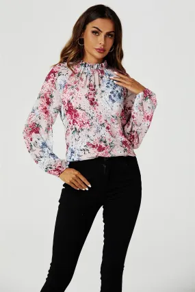 FS Collection Floral Print Long Sleeve Frill High Neck Top In Pink