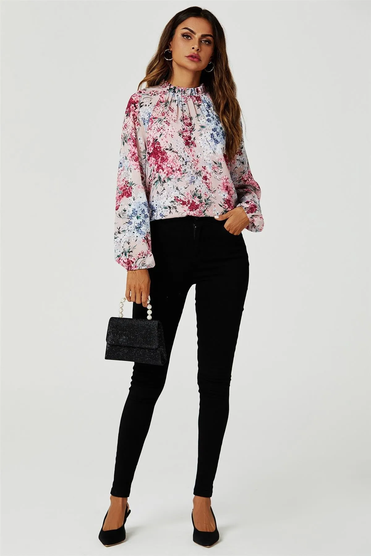 FS Collection Floral Print Long Sleeve Frill High Neck Top In Pink